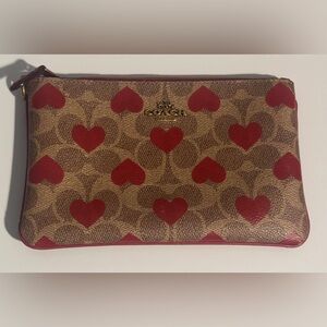 Coach Tan and Red Heart Valentine 2022 Special Edition Pattern Wristlet